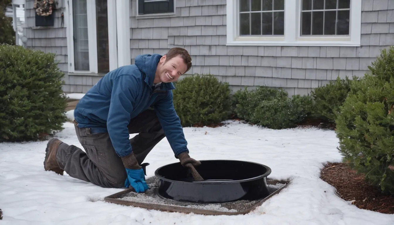 A local provider checking a septic tank access lid beside a home in Brewster